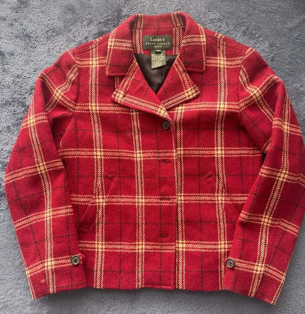 Vintage 90’s Lauren Ralph Lauren 100% Wool Plaid Blazer Size 8P Red Zip Button